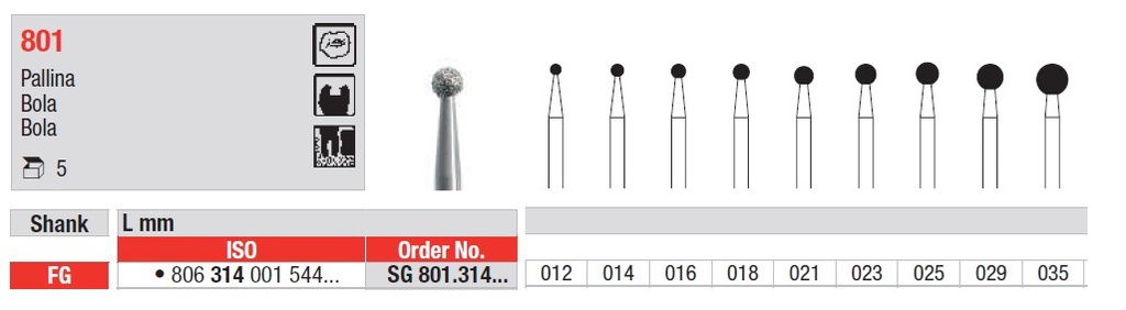 Fresas diamantadas Fig. 801 Grano Super Grueso Bola FG 5u Edenta