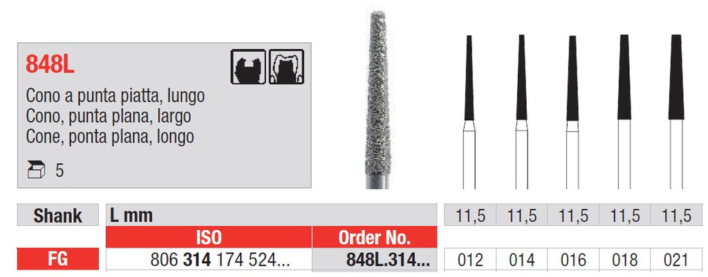 Fresas Diamantadas Fig. 848L Grano Medio Cono Punta Plana Largo FG 5u Edenta