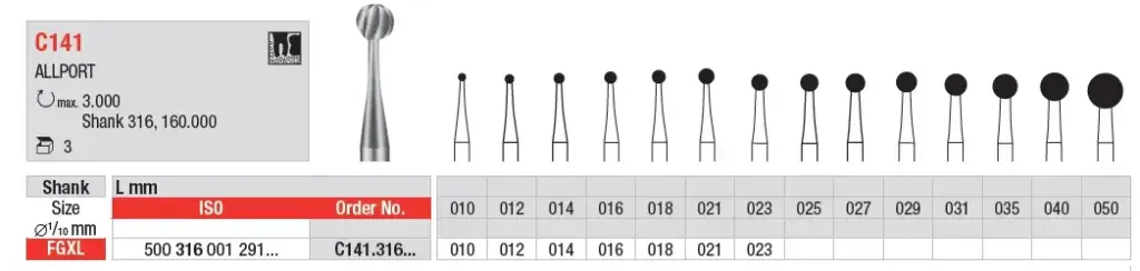 Fresas Quirúrgicas Allport Carburo Tungsteno Fig. C141 FGXL 3u Edenta 