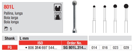 [14190] Fresas diamante turbina Bola cuello largo FG Fig. SG801L Grano Super Grueso - Edenta 5u