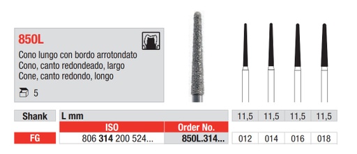 [16248] Fresas diamantadas Fig. 850L Grano Medio Cono Cuello Largo FG 5u Edenta