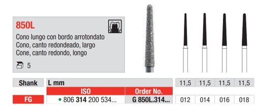 [16266] Fresas diamantadas Fig. G850L Grano Grueso Cono cuello largo FG 5u Edenta