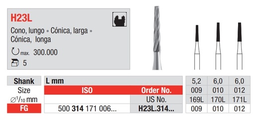 [16325] Fresas Carburo Tungsteno Fig. H23L Cónica Larga FG 5u EDENTA