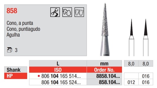 [16326] Fresas diamantadas Fig. 858 Grano Medio Cono Puntiagudo HP 3u EDENTA