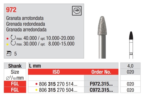 [16342] Fresas diamantadas turbina Fig. 972 5u EDENTA
