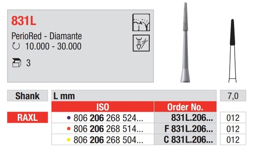 [16626] Fresas Diamantadas Periodoncia RAXL PerioRed 831L Cal. 012 3u Edenta