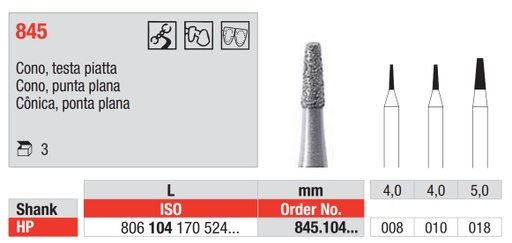 [16702] Fresas diamantadas Fig. 845 Grano Medio Cono Punta Plana HP 3u EDENTA