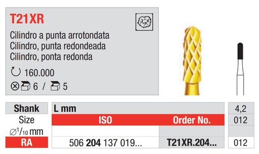 [T21XR.204.012] Fresa carburo tungsteno para eliminar adhesivo RA Cilindro punta redonda 5u EDENTA