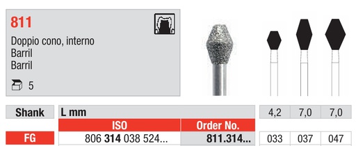 [811.314.033] Fresas diamantadas Fig. 811 Grano Medio Barril FG 5u Edenta