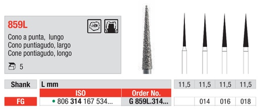 [16962] Fresas diamantadas Fig. G859L Grano Grueso Cono puntiagudo Largo FG 5u Edenta