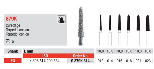 [17120] Fresas diamantadas Fig. G879K Grano Grueso Torpedo Cono FG 5u Edenta