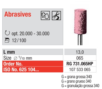 [RG731.065HP] Pulidor Corindón Rosa para Aleaciones Metálicas Cilindro HP 12u Edenta