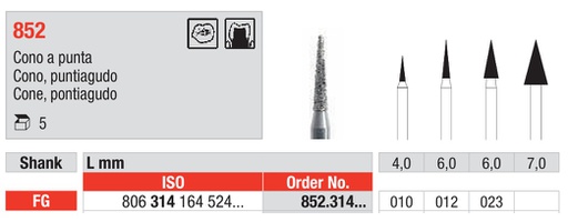 [17837] Fresas diamantadas Fig. 852 Grano Medio Cono Punta FG 5u Edenta