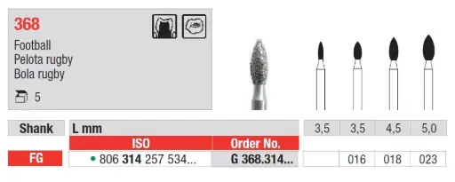 Fresas diamantadas Fig. G368 Grano Grueso Pelota Rugby FG 5u Edenta