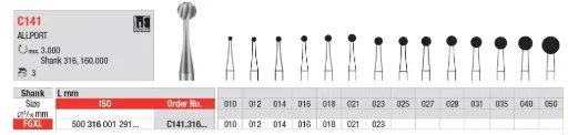 Fresas Quirúrgicas Allport Carburo Tungsteno Fig. C141 FGXL 3u Edenta 