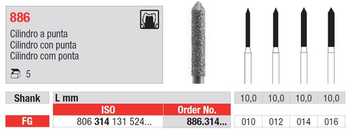 [886.314.016] Fresas diamantadas Fig. 886 Grano Medio Cilindro con punta FG 5u Edenta