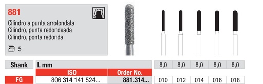 [2149] Fresas diamantadas Fig. 881 Grano Medio Cilindro punta redonda FG 5u EDENTA